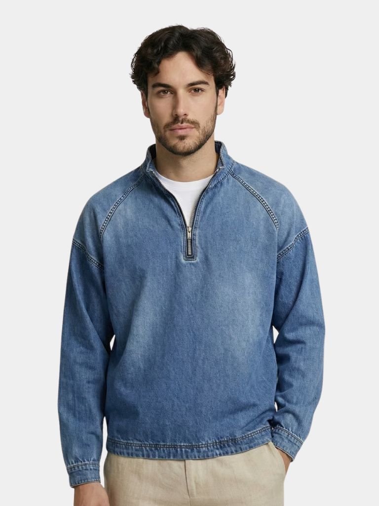 Stonewash Denim Kwart Rits Jacket