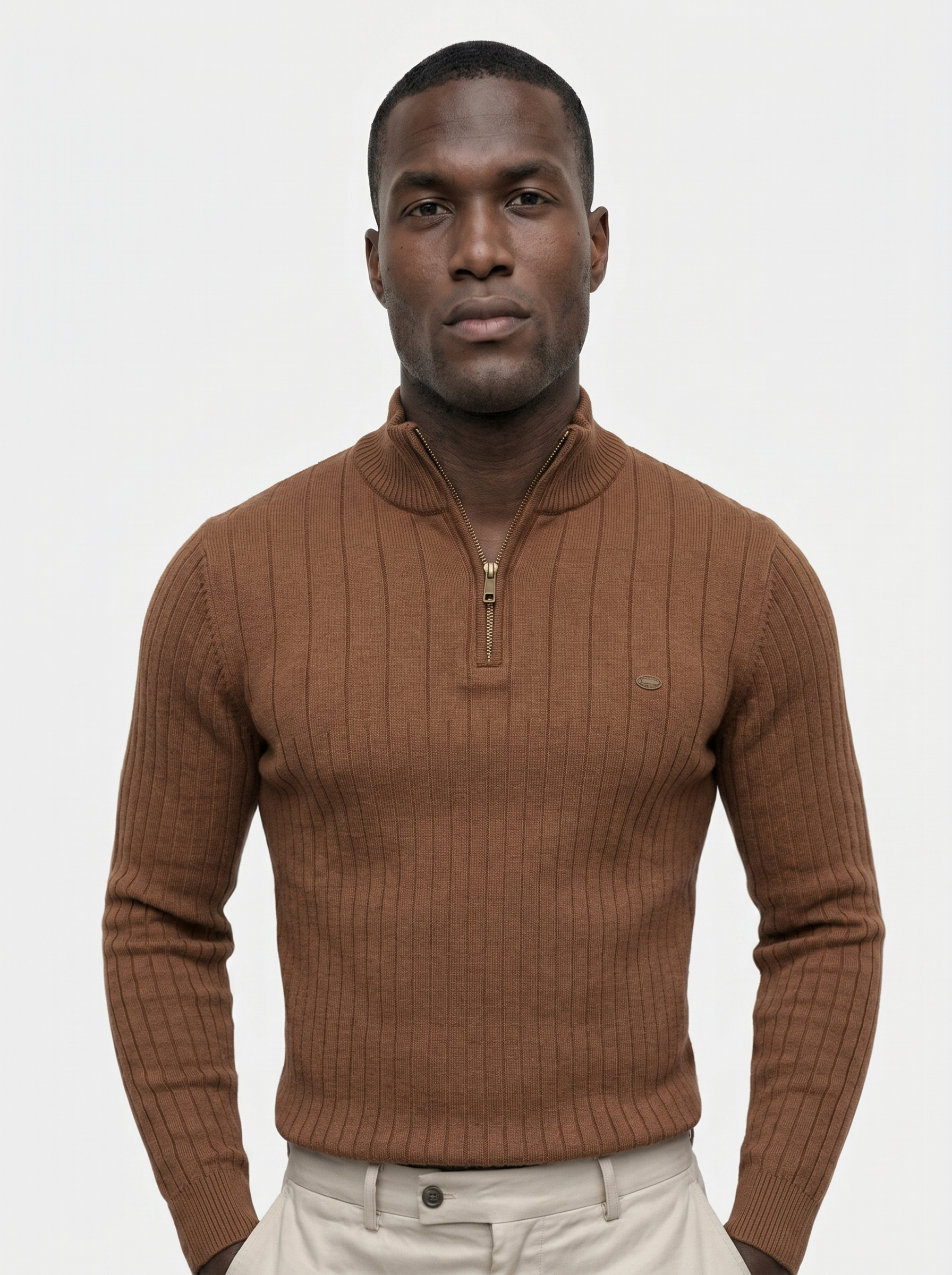 Katoenen Gebreide Verticale Strepen Kwart-Ritssluiting Trui